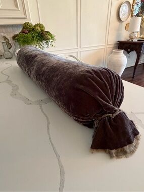 Bella Notte Long Silk Velvet Royal  Bolster Pillow in the color “Fog”.
